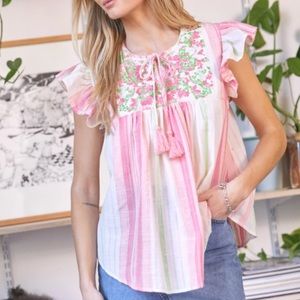 Pink & Green Embroidered Striped Flutter Sleeve Round Neck Tassel Tie Neck